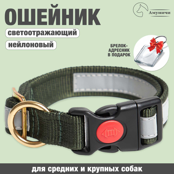 Ошейник хаки, зеленый светоотражающий на фастексе с замком фиксатором ...