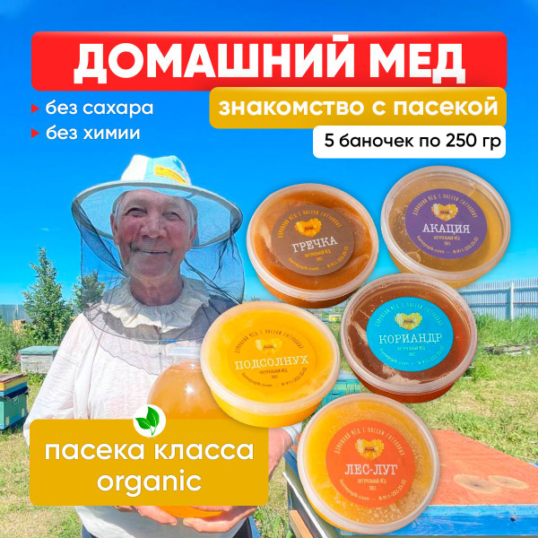 Набор натурального меда "Знакомство с пасекой" 5 видов меда по 250 гр ...