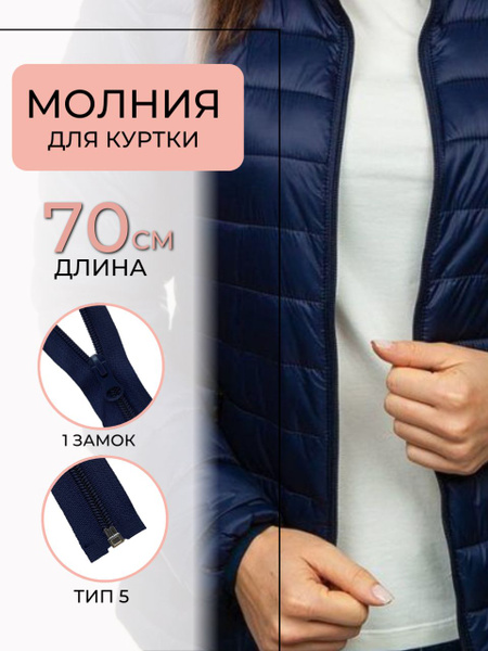 Молния для куртки 70 см, спираль, тип 5, разъемная. Цвет: темно-синий ...
