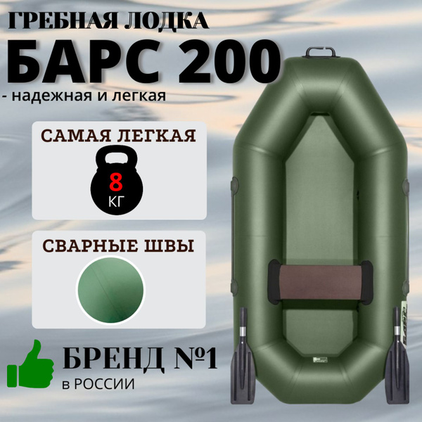 Характеристики Лодка надувная ПВХ для рыбалки гребная Барс 200, зеленая ...