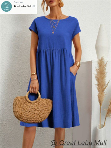 Платье с юбкой А-силуэта с круглым вырезом из хлопка и льна, Женский ...