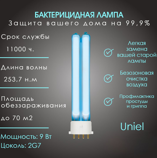 Лампа ультрафиолетовая кварцевая бактерицидная Uniel ДКБУ 9 L 2G7 ...