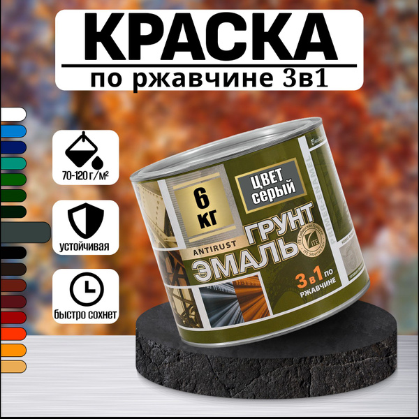 Характеристики Краска по ржавчине для металла серая грунт эмаль 3в1 6кг ...