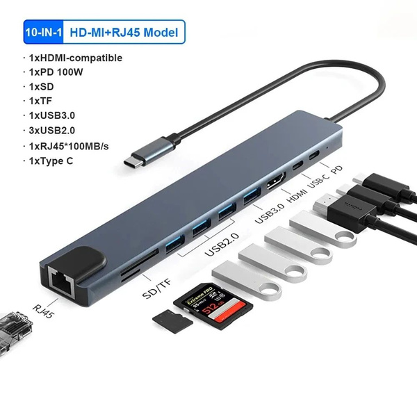 Характеристики Док-станция 10 в 1 USB HUB 4K30Hz Type C to HDMI ...
