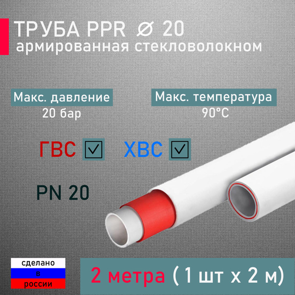 Труба 20х2,8 (2м - 1шт. по 2м) PN20 полипропиленовая армированная ...