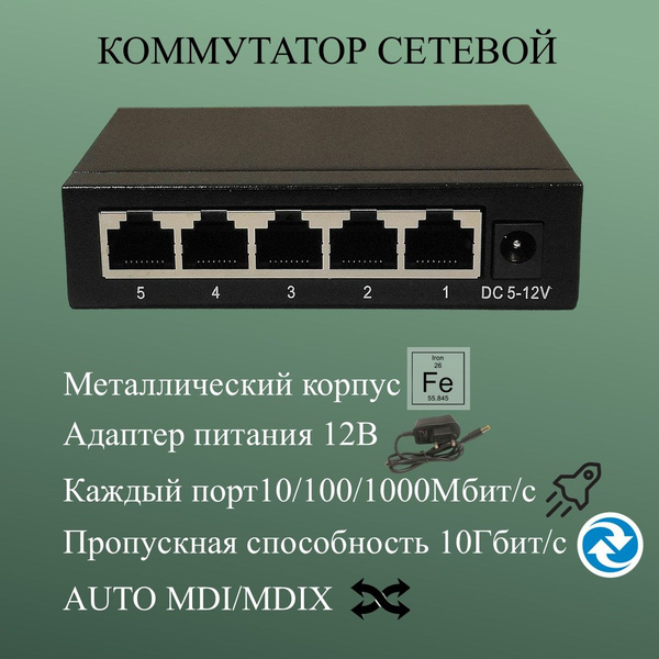 Коммутатор сетевой свитч 5 портов,скорость портов 10/100/1000 Мбит/с ...