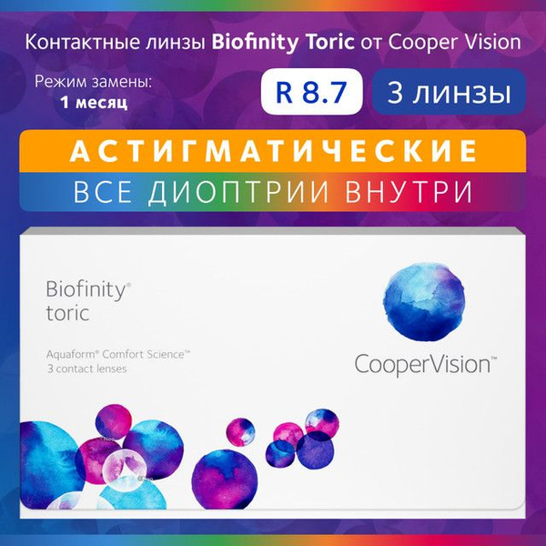 Астигматические линзы Biofinity Toric, Ежемесячные, -1.00 / 14.5 / 8.7 ...