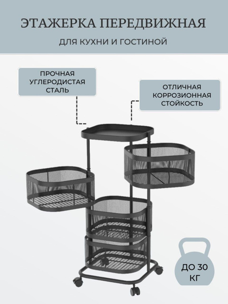 Этажерка металлическая на колесиках с 4 раздвижными ящиками для ...