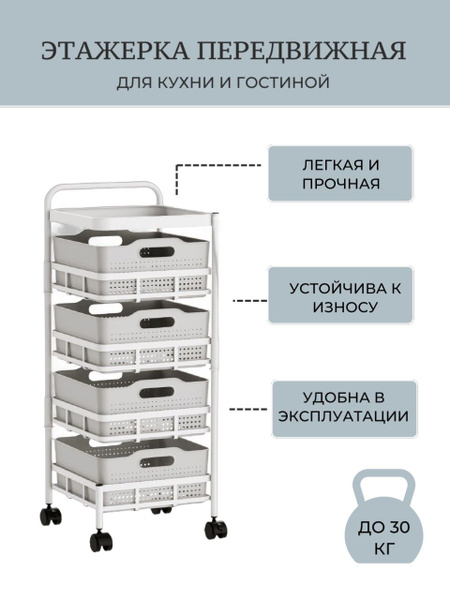 Характеристики Этажерка-стеллаж на колесиках с 4 раздвижными ящиками ...