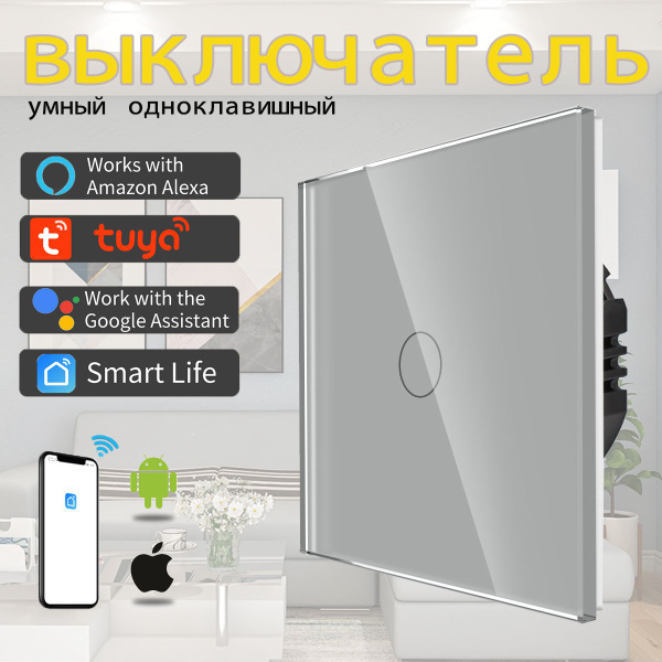 Характеристики Умный сенсорный WiFi выключатель, Tuya, 1 клавиши, серый ...