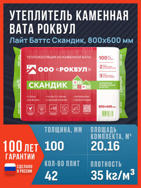 Каменная вата утеплитель Роквул Лайт Баттс Скандик 800х600х100мм, 42 ...