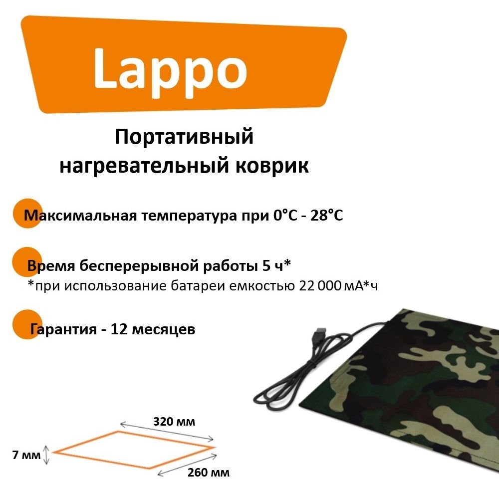 КовриктуристическийсподогревомLappoотUSB(новаяулучшеннаяверсия),32х26смкамуфляж