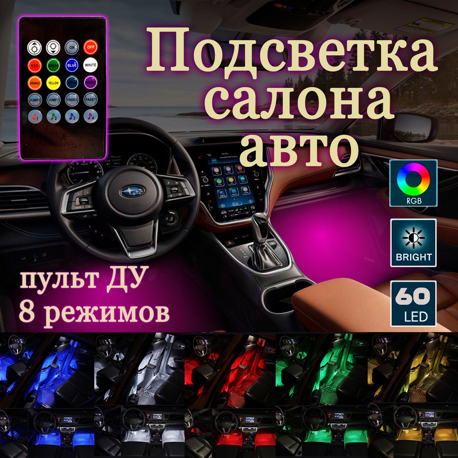 Светодиодная автомобильная RGB подсветка в салон для ног с пультом и  цветомузыкой, 8 режимов