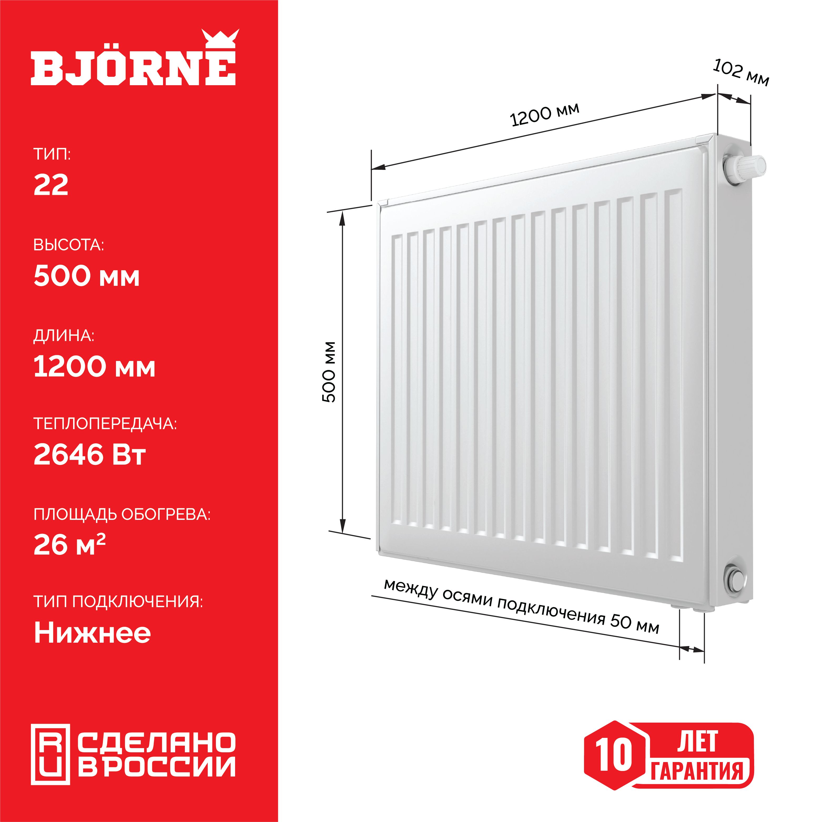 СтальнойпанельныйрадиаторотопленияBjorneVentilCompact22/500/1200,500х1200мм,нижнееподключение