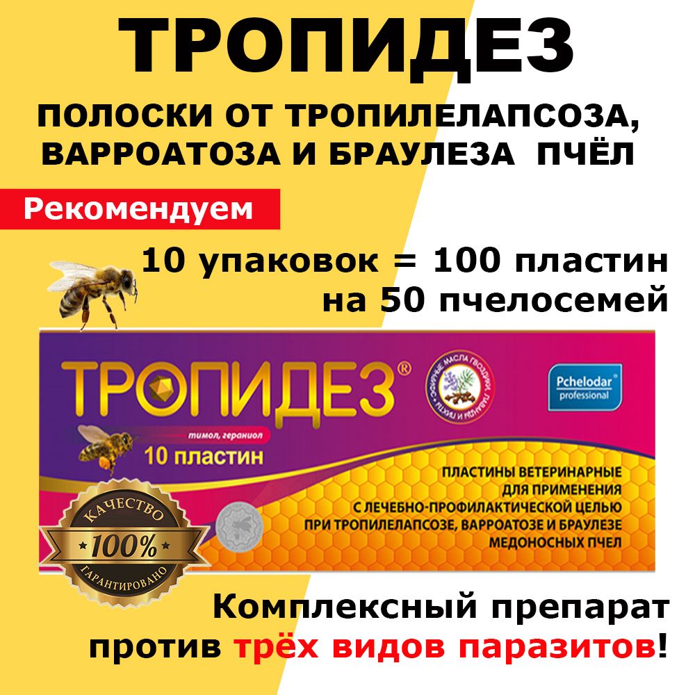 10 упаковок Тропидез полоски от варроатоза и акарапидоза пчёл / пластины от клещей / 100 пластин