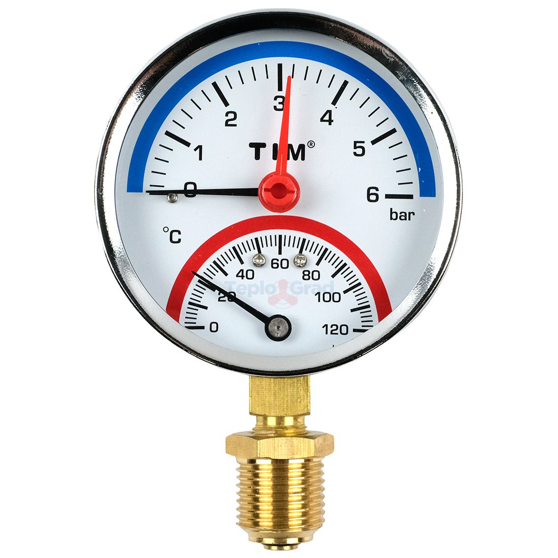 Термоманометр радиальный TIM, корпус 80 мм, диапазон 0-6 бар, подключение 1/2 Y-80-6