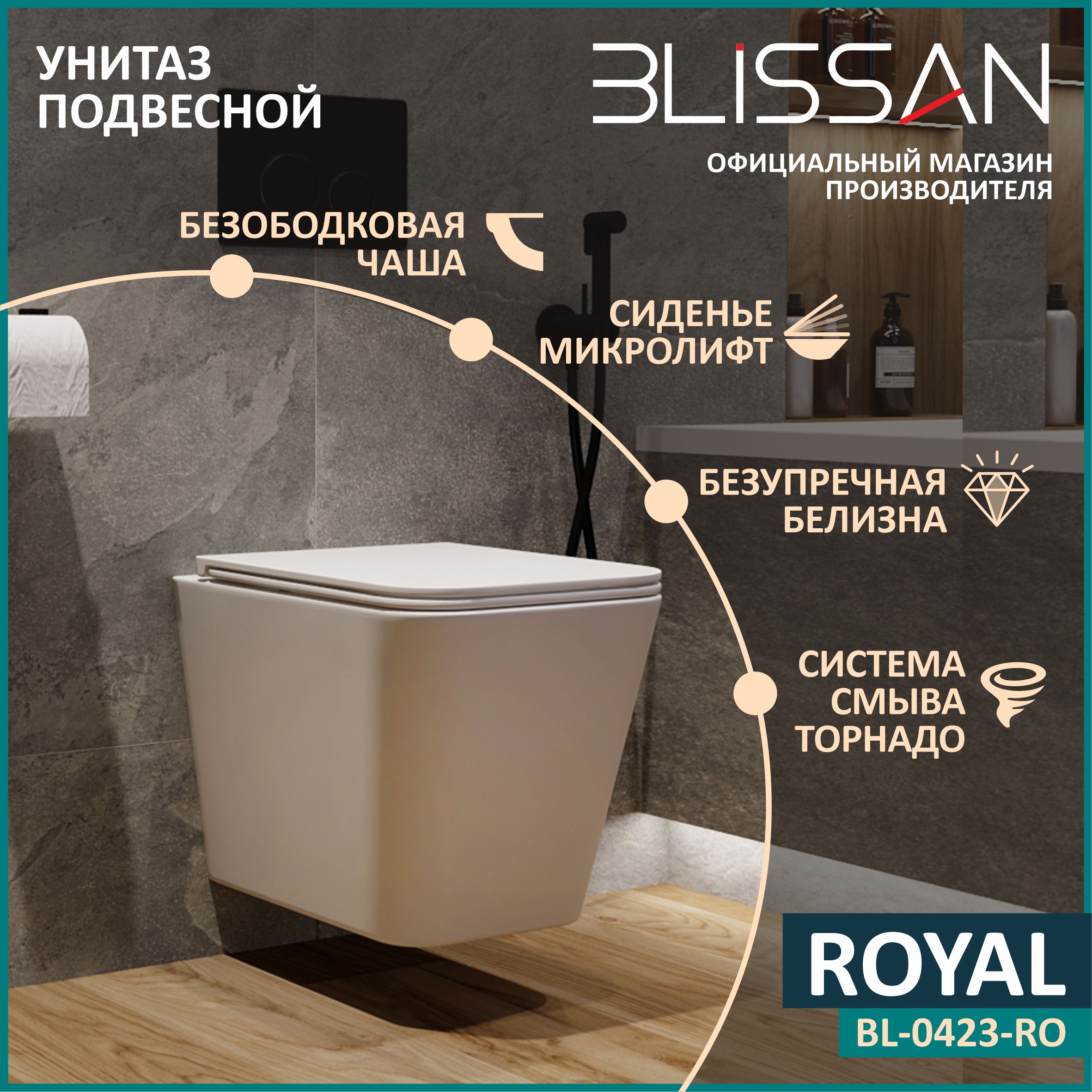 Унитаз подвесной BLISSAN Royal вихревой смыв Торнадо 3.0 безободковый с  сиденьем дюропласт микролифт, быстросъемное