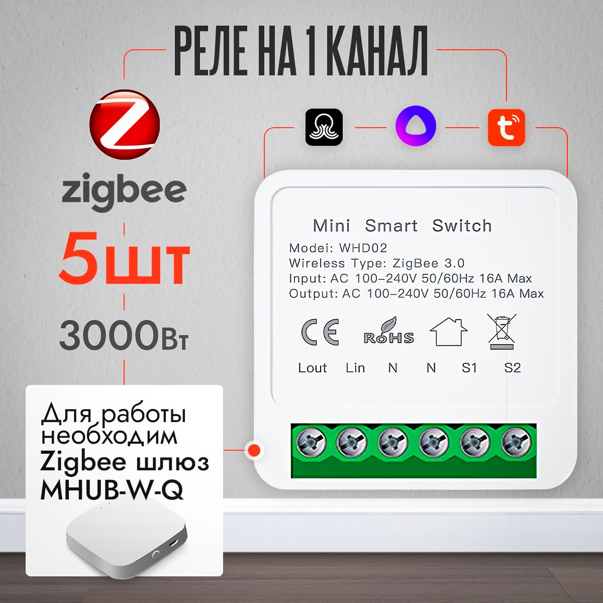 Реле Zigbee WHD02 - монтируется в подрозетник, управляется Алисой через  шлюз Tuya, Sprut HUB, нагрузка до 16 ампер. 5 шт - купить с доставкой по  выгодным ценам в интернет-магазине OZON (865887980)