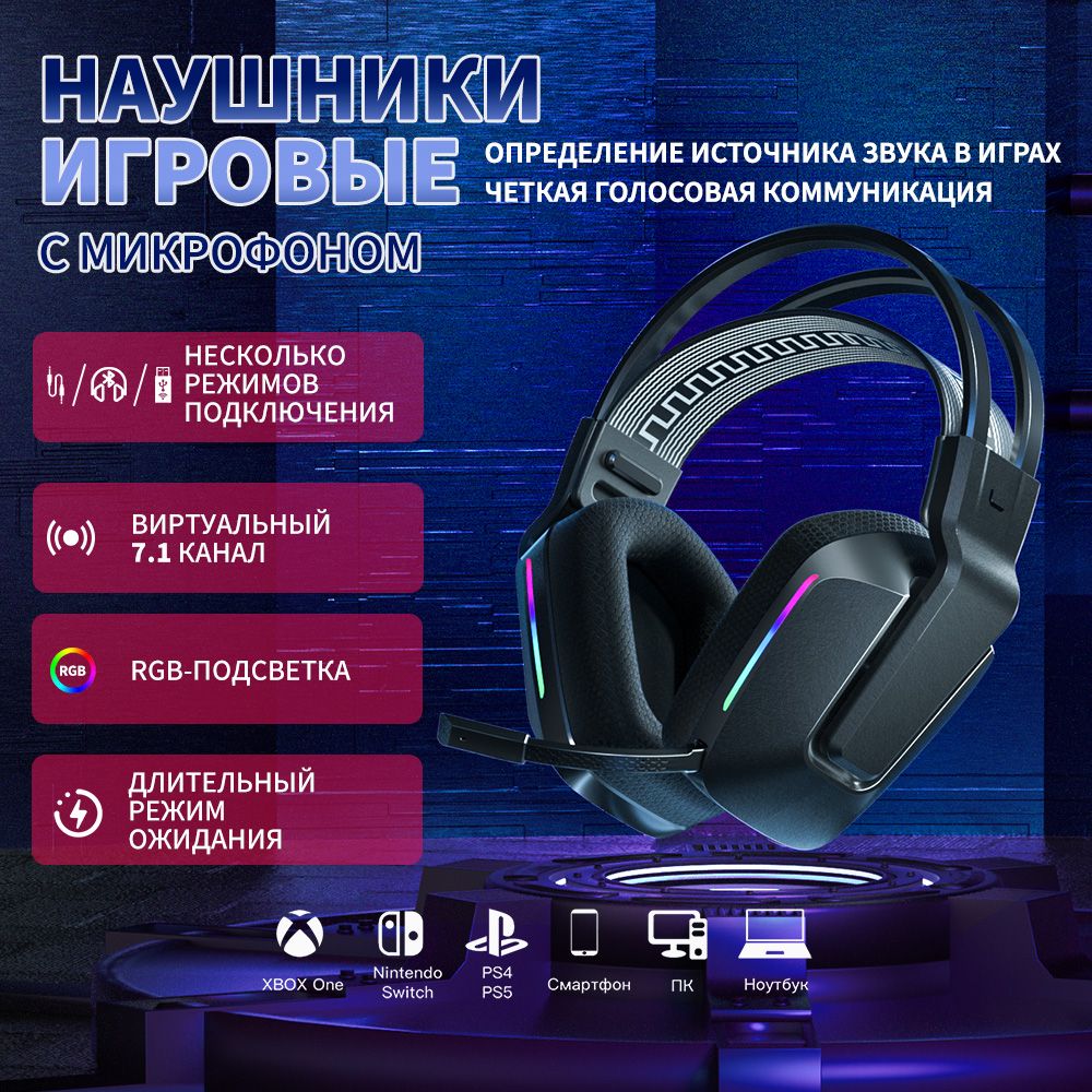 Наушники Полноразмерные EasySMX C09W с микрофоном, Беспроводные/Проводные,  Большие, 7.1, RGB - купить по доступным ценам в интернет-магазине OZON  (1131330751)