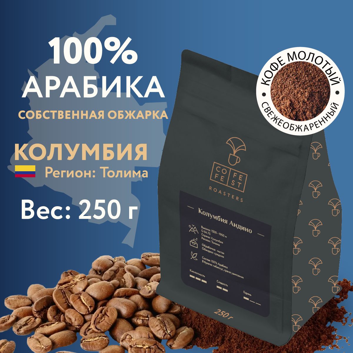 Кофе молотый CofeFest coffee Колумбия Андино, арабика 100%, натуральный, свежеобжаренный, 250 г