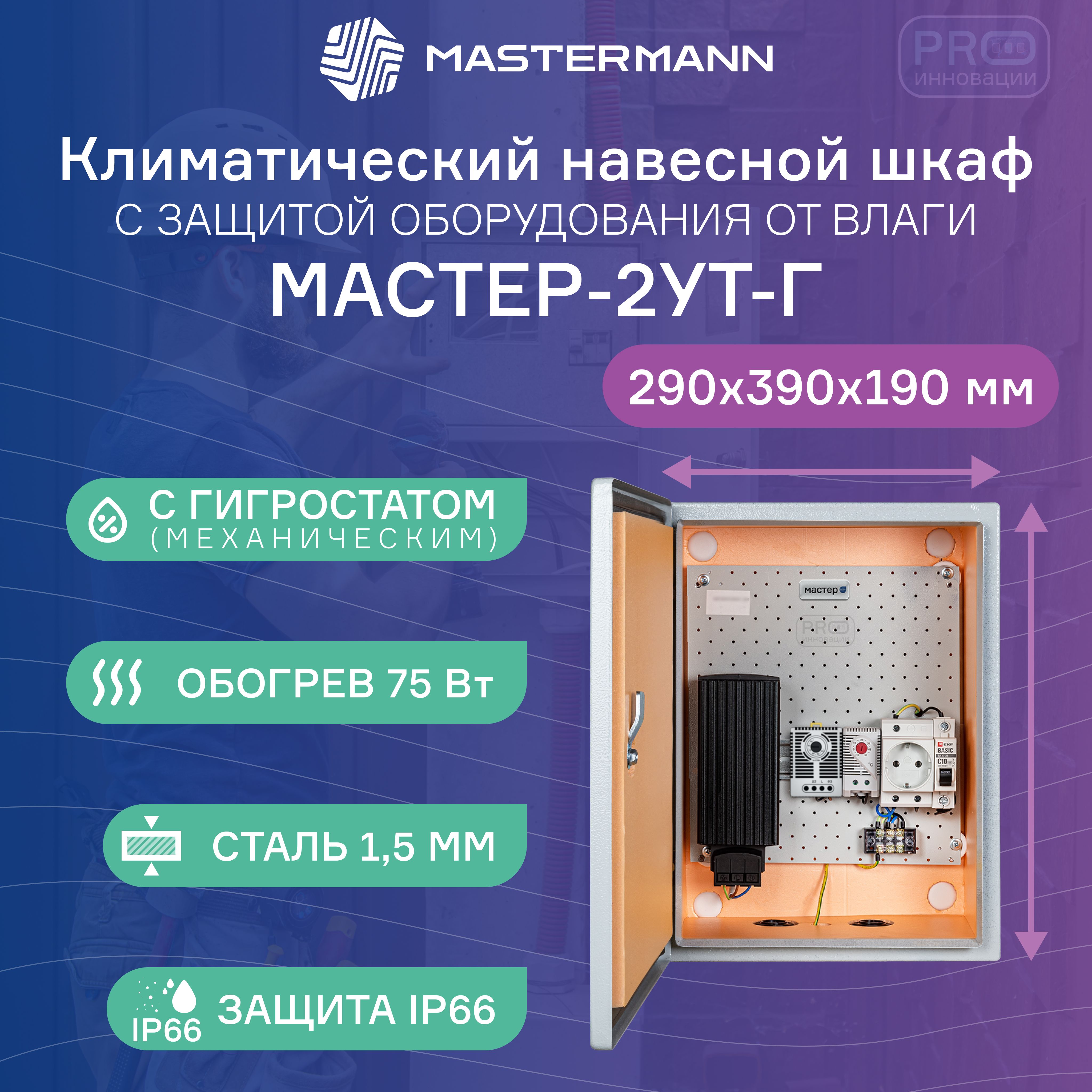 ТермошкафуличныйнавеснойМАСТЕР-2УТ-Г,290х390х190мм,совстроеннойсистемойобогревана75Втигигростатом,IP66