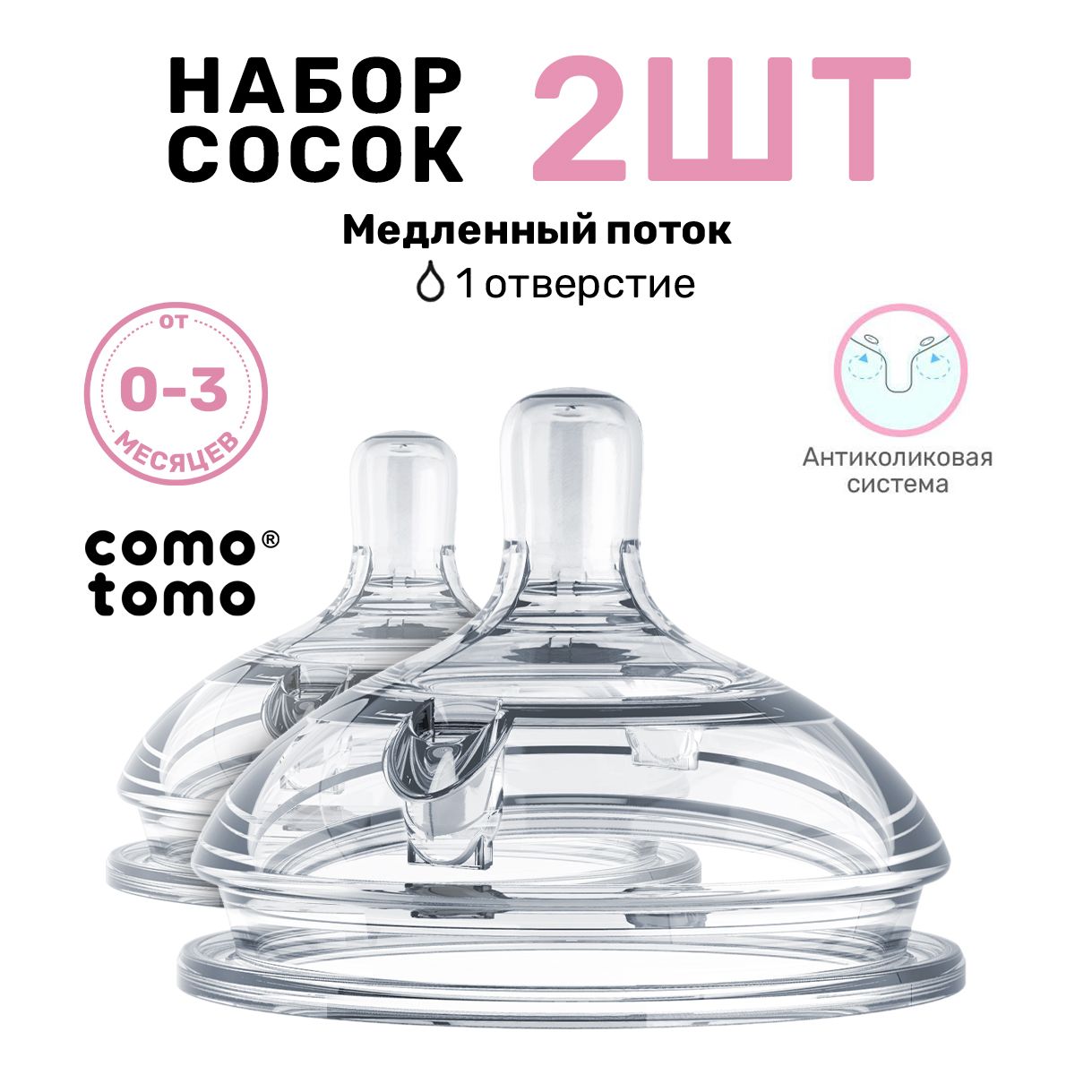 Соска для новорожденных Comotomo Natural Nipple Packs 0-3 набор для бутылочки антиколиковая