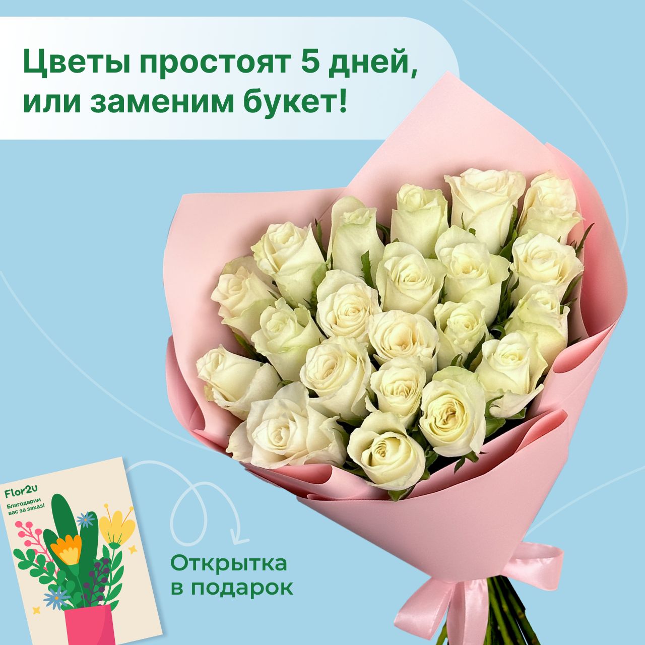 Цветы живые букет из 21 белой розы 40 см в упаковке Flor2u