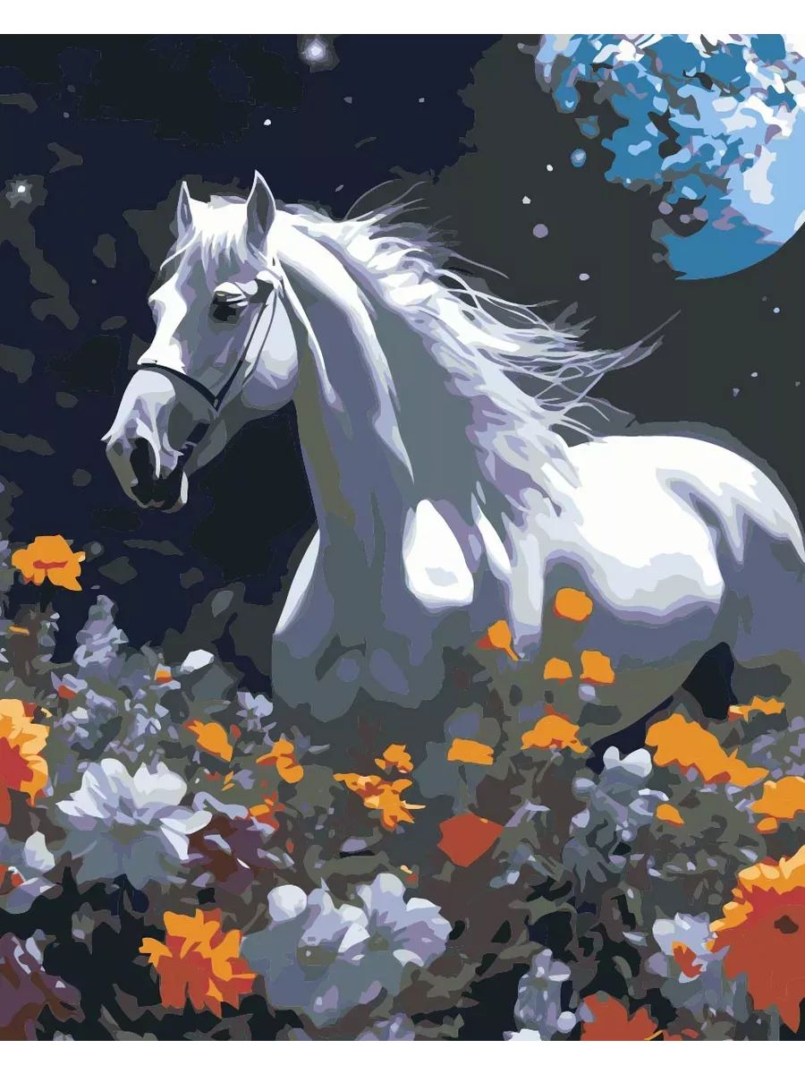 Картина по номерам белая лошадь в цветах Размер 40х50, на холсте на деревянном подрамнике, Акриловые краски
