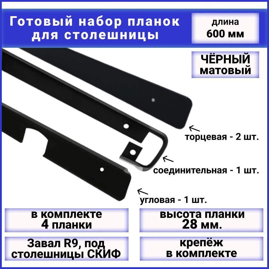 Планкадлястолешницыалюминиевая600мм,h28мм,завалR9,внаборе:соединительная-1шт.+угловая-1шт.+торцевая-2шт.Цветчёрныйматовый.