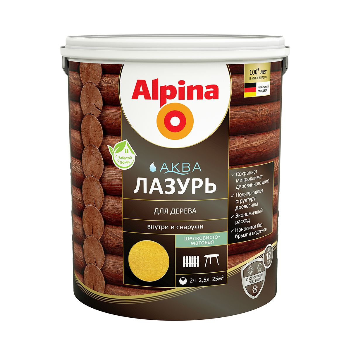 Защитная лазурь для дерева Alpina Аква, 2,5 л, сосна