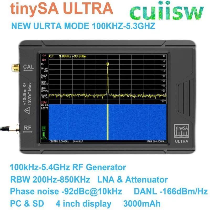 Портативный крошечный анализатор спектра TinySA ULTRA с 4-дюймовым дисплеем, радиочастотным генератором от 100 кГц до 5,3 ГГц, встроенной картой памяти на 32 ГБ / аккумулятором емкостью 3000 мАч