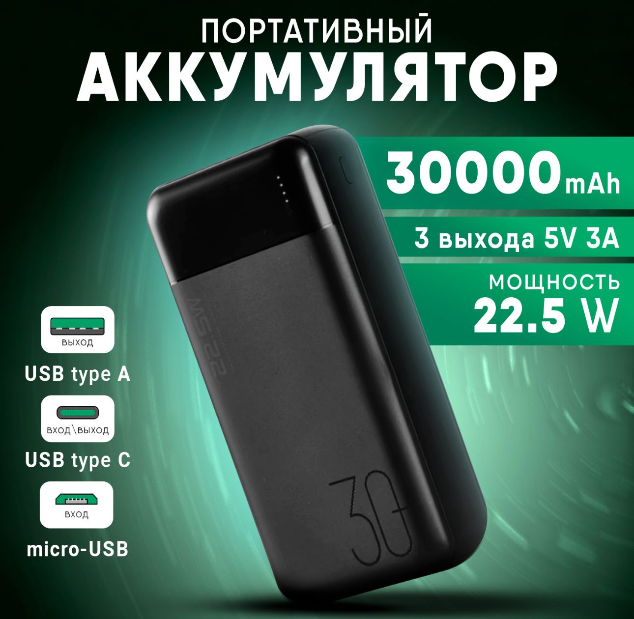 Повербанк 30000 / внешний аккумулятор с быстрой зарядкой, power bank 22.5W