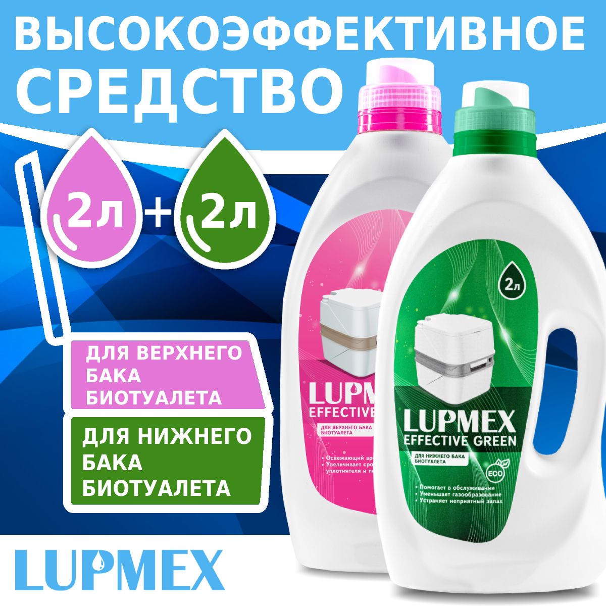 НаборжидкостейдлябиотуалетаLUPMEXEffectiveGreen/Rinse2+2лУцененныйтовар