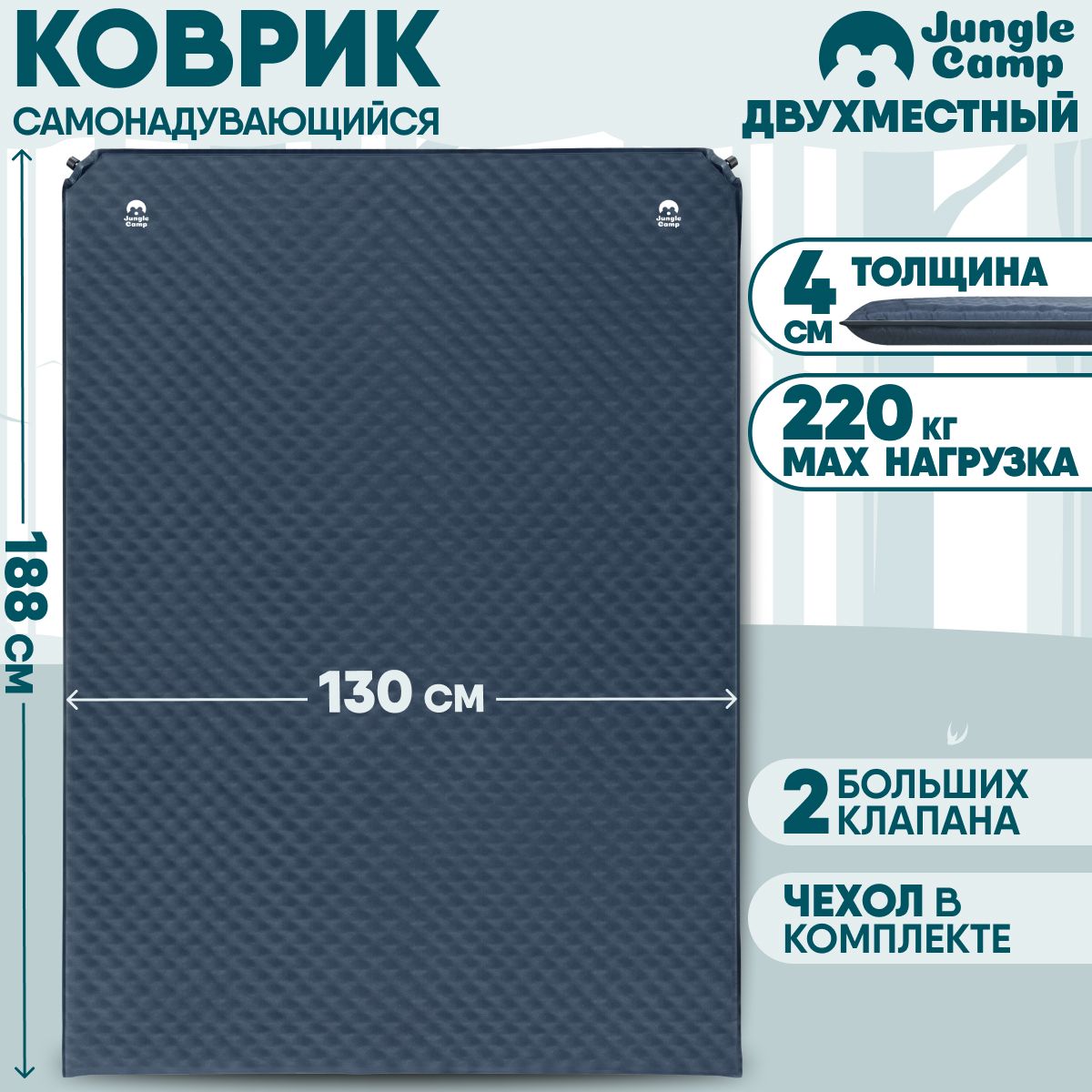 Коврик самонадувающийся кемпинговый, двухместный JUNGLE CAMP Camper 40 Double, 183х130х4 см, серый