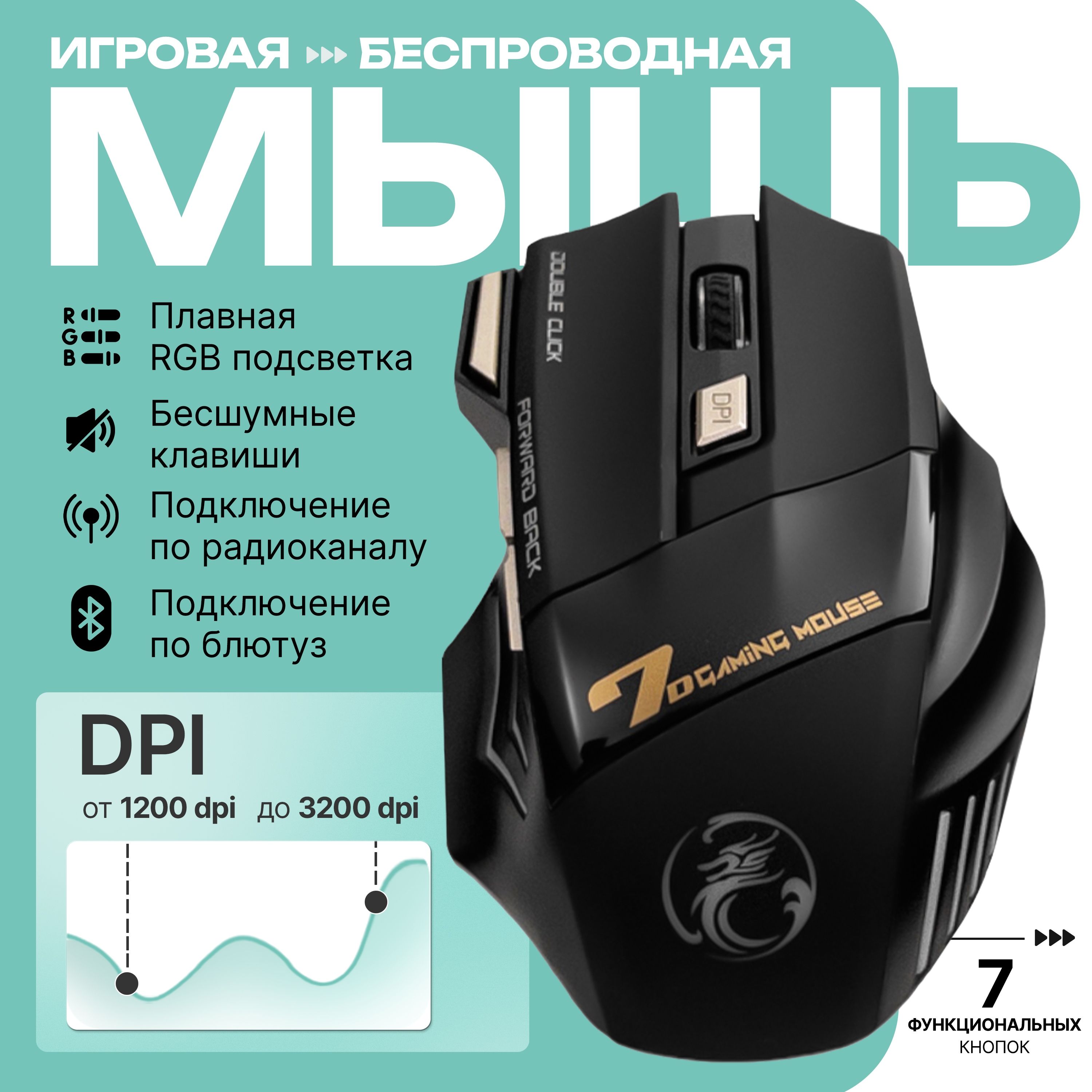 ИгроваякомпьютернаямышьбеспроводнаяGW-X7RGBсбесшумнымкликом,Bluetooth,цветчерный,