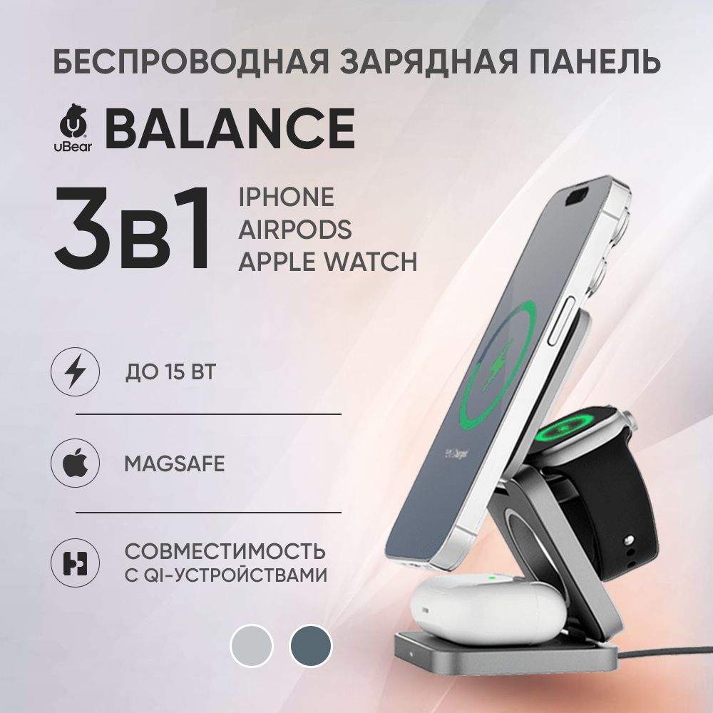 БеспроводнаязарядкадляiPhone,AppleWatch,AirpodsuBearBalance25WGrey