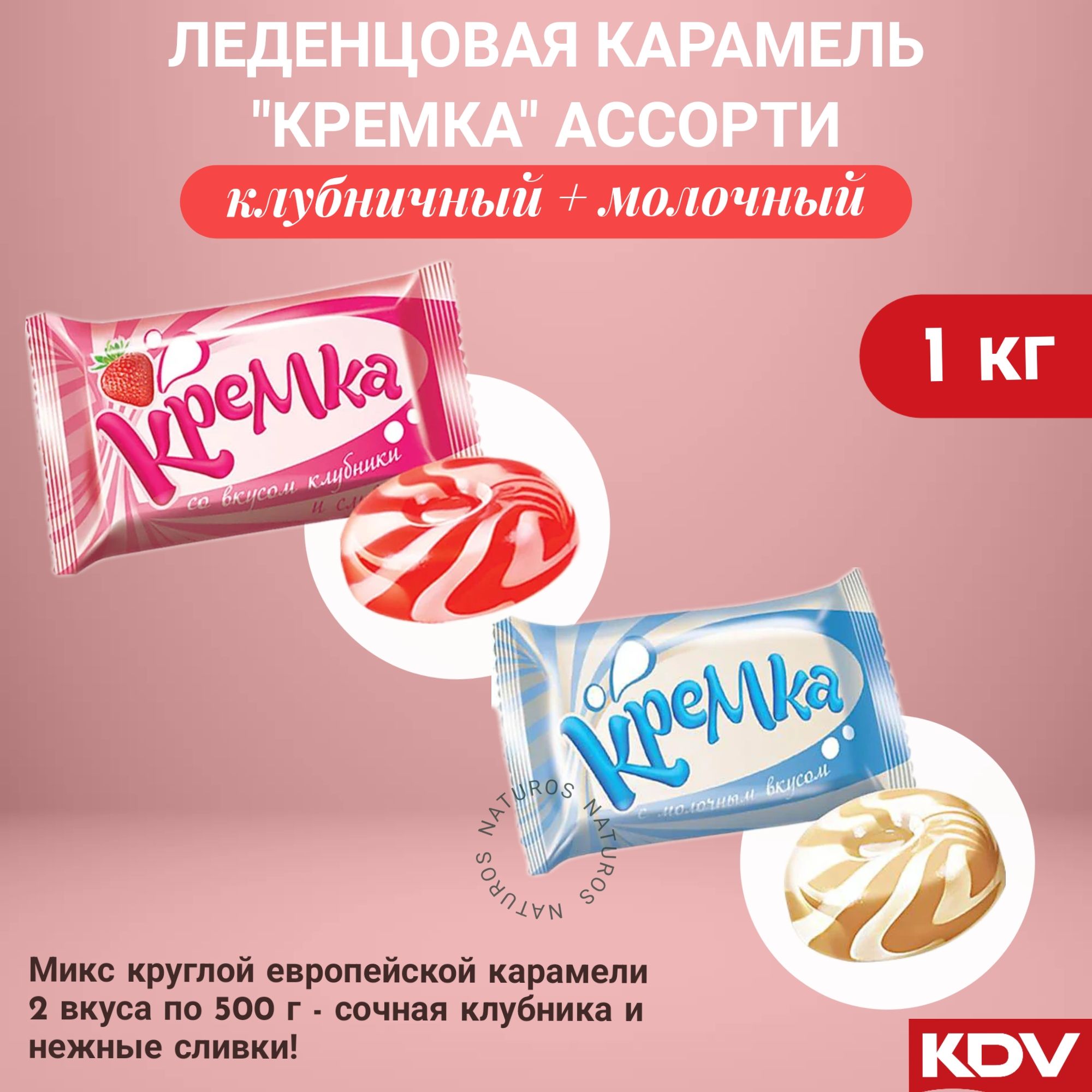 Конфеты карамель леденцовая Кремка ассорти клубничная и молочная 1кг