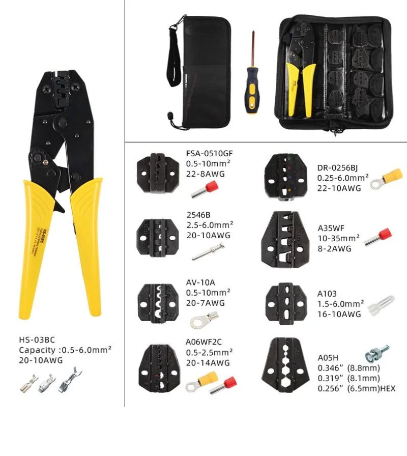 Кримпер HS-03BC набор 8 матрицами. Обжима изолированных и неизолированных гильз, клемм, наконечников, проводов