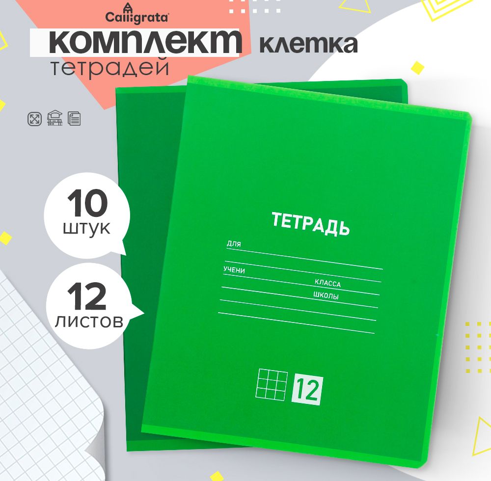 Комплекттетрадейиз10штук,тетрадь12листоввклетку,однотонная"Классическая"обложкамелованнаябумага,ВД-лак,блок№2(серыелисты),зеленая