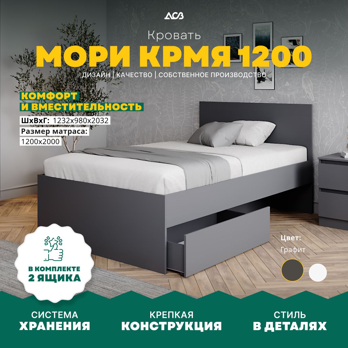 КроватьдвухспальнаяМорис2ящиками120*200см,графит