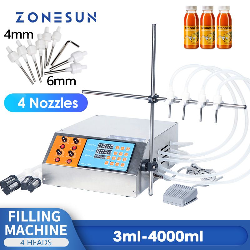 ZONESUN, 3-4000 мл, 4 головки, полуавтоматический наполнитель для бутылок, электрический насос с цифровым управлением, разливочная машина для жидкости