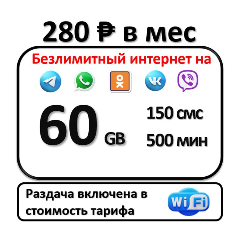 SIM-карта Сим карта 500 минут 60 Гб БЕЗЛИМИТНЫЙ ИНТЕРНЕТ (Вся Россия)