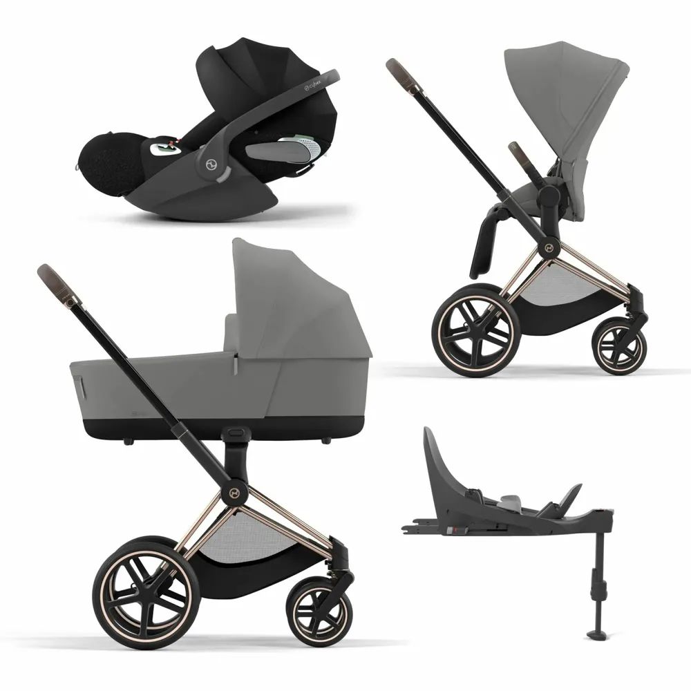 Cybex Priam IV коляска 4 в 1 Mirage Grey/Sepia Black/Rosegold, в комплекте раскладная автолюлька cybex cloud t i-size, база isofix base t