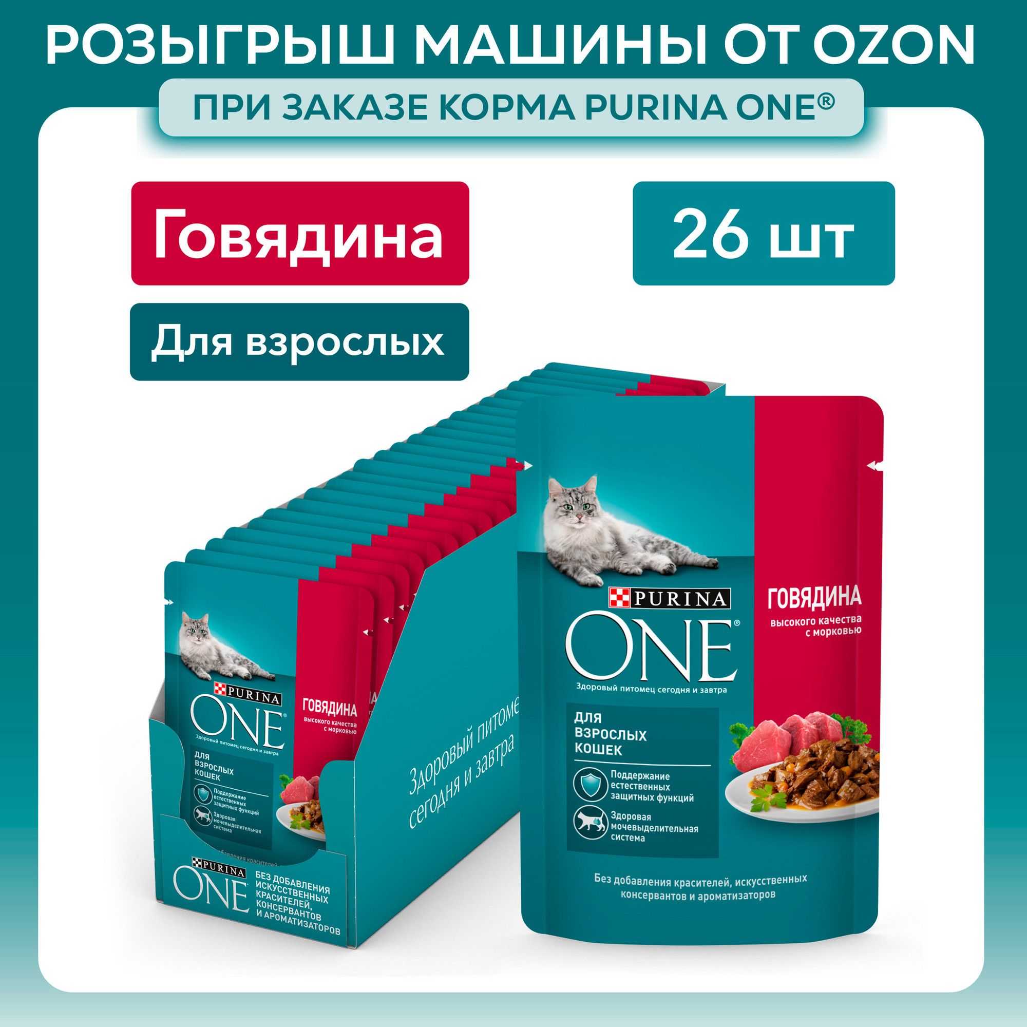 Влажный корм Purina ONE для взрослых кошек, в соусе с говядиной и морковью, 75 г х 26 шт.