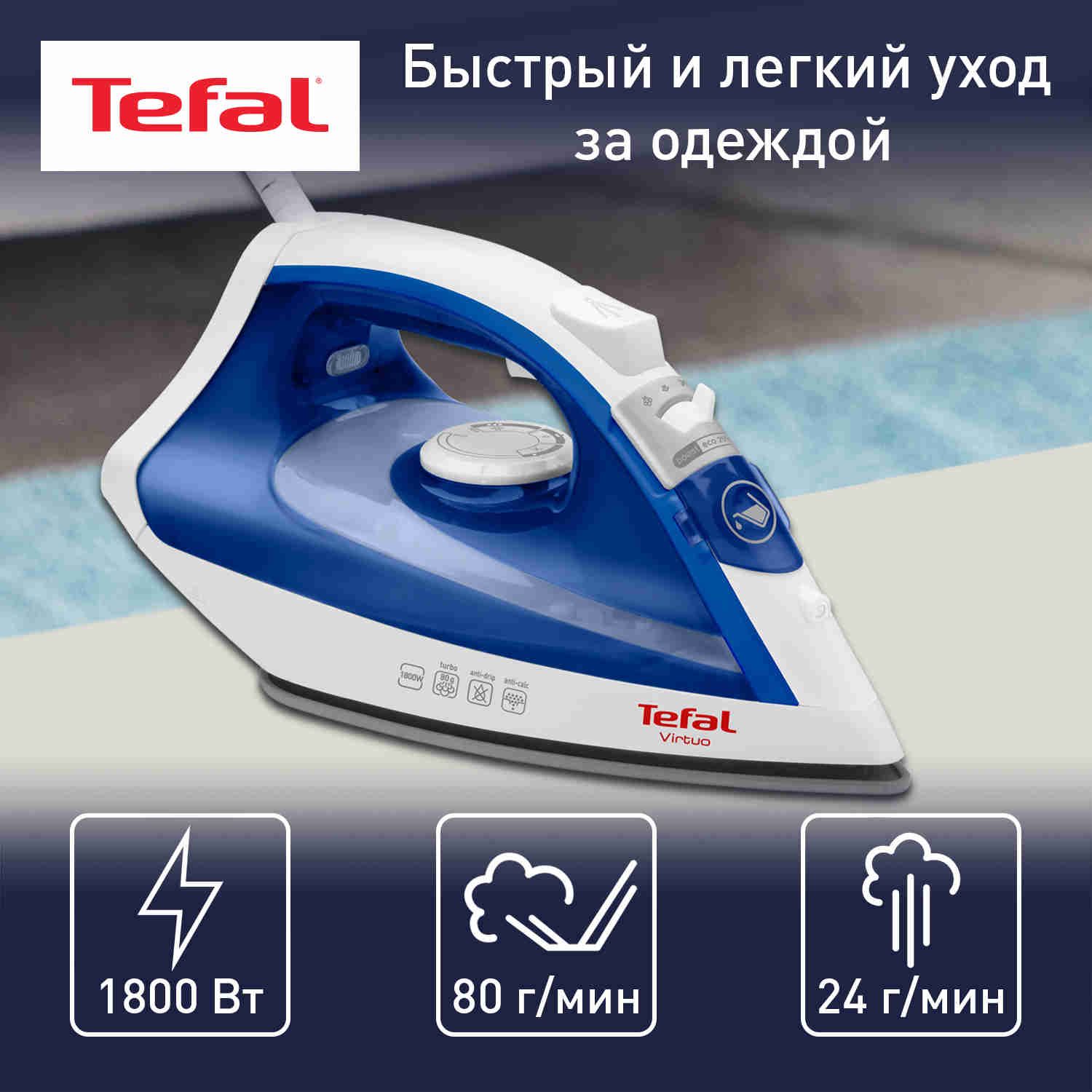 Утюг Tefal Virtuo FV1711E0 с антипригарной подошвой, синий/белый