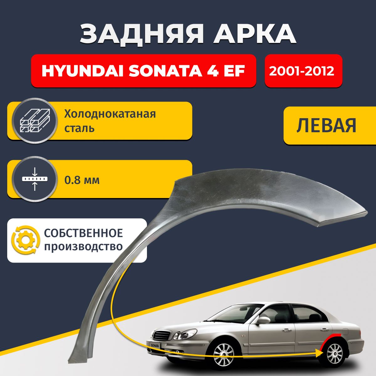 Левая задняя ремонтная арка для автомобиля Hyundai Sonata 4 EF 2001-2012 седан 4 двери (Хендай Соната 4). Холоднокатаная сталь 0,8мм.