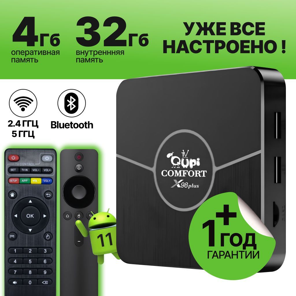 Смарт ТВ приставка X98PLUS 4GB/32Gb: лучшая приставка для телевизора с медиаплеером и функцией смарт ТВ, android 11 tv box, андроид тв для телевизора, smart tv, IPTV SmartBox