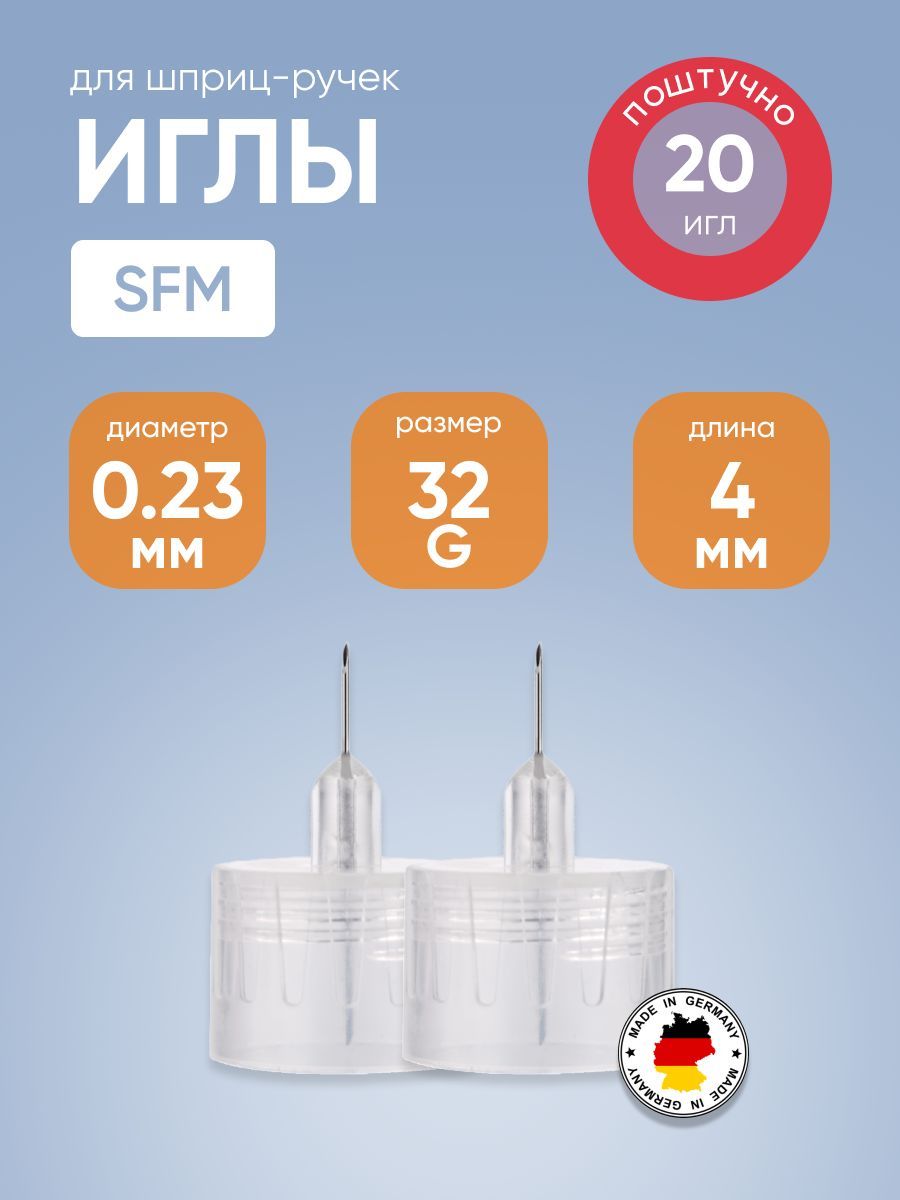 Иглымедицинскиеинъекционныеодноразовыедляинсулиновыхинжекторов(ПЕНручек)SFM(СФМ)0,23мм(32G)x4мм№20