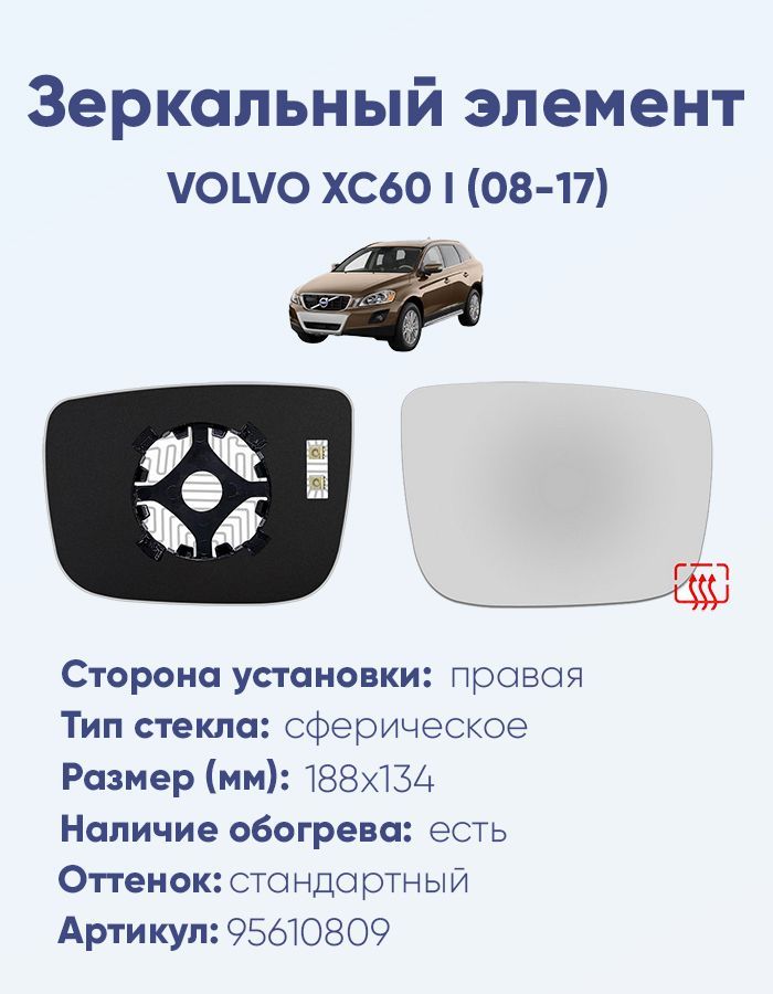 Зеркальный элемент правый VOLVO XC60 I (08-17) сфера нейтральный с обогревом