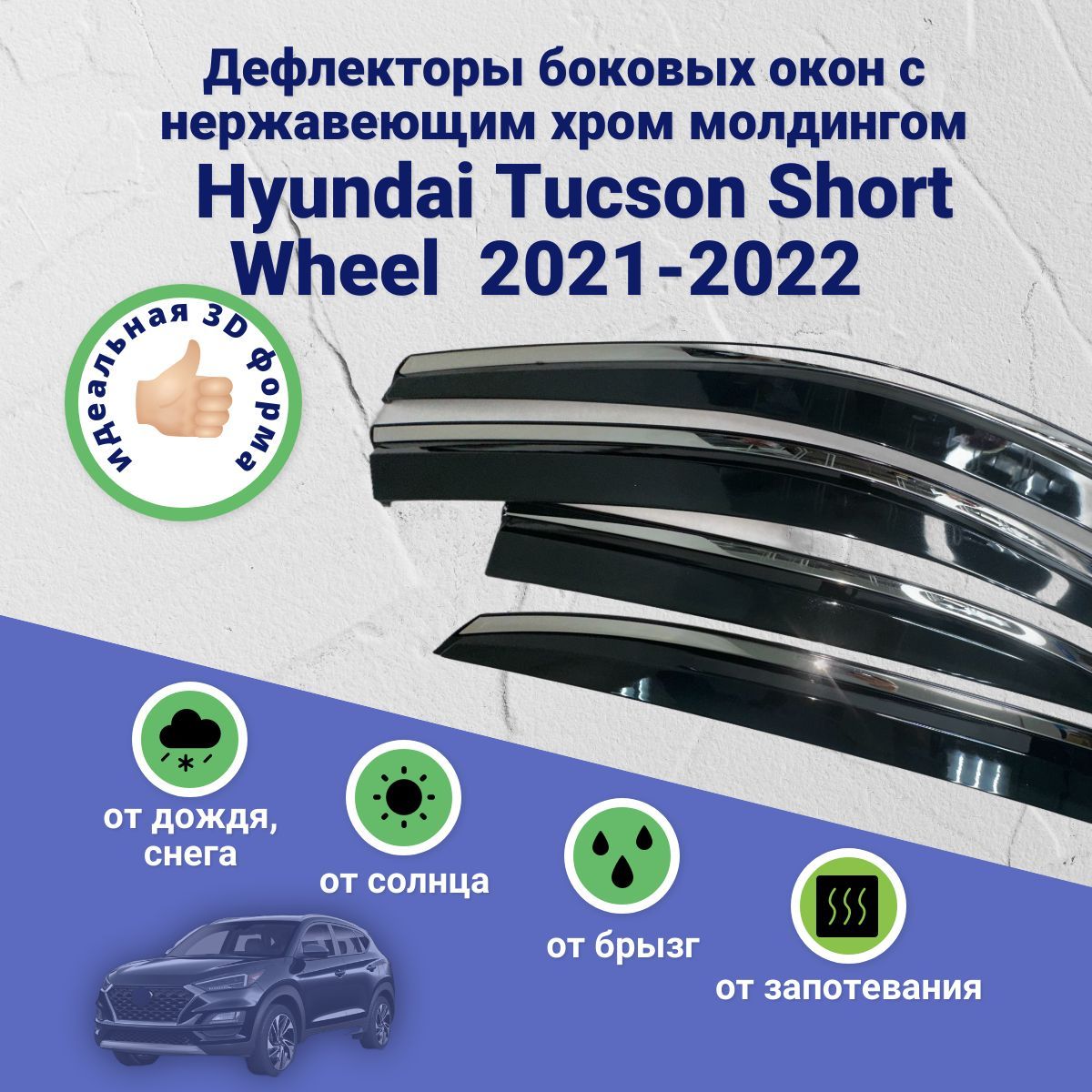 Дефлекторы боковых окон для автомобиля Hyundai Tucson Short Wheel (Европа, короткая база Хендай Туксон) 2021-2022, ветровики c хром молдингом